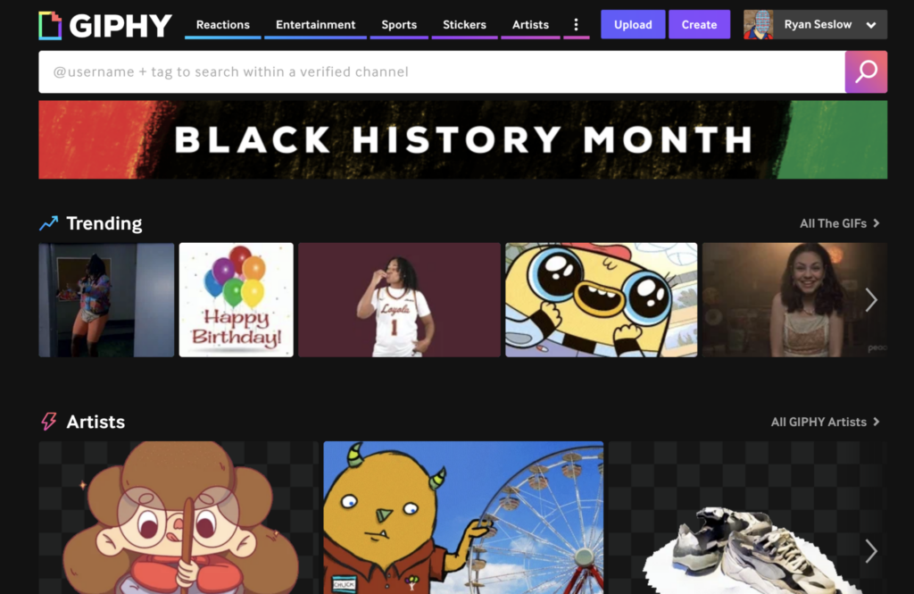 a screen shot of the giphy.com home page at the moment