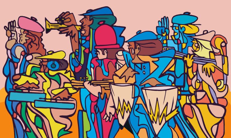 a colorful drawing of jazz musicians 
