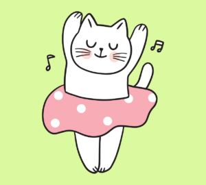 lime green background of illustration of a white cat standing in a ballet position with arms up smiling, wearing a pink tutu with polka dots