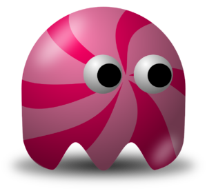 pink striped character from pacman video game looking side eye to the right