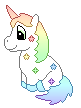 profile of a white unicorn with a rainbow-changing color mane and stars emblazoned on the body, blinking big brown eyes