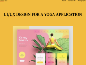 screenshot of WordPress website by Jour "UI/UX For A Yoga App" orange background, male backside wearing yellow tank top and pants stretching, three colorful placeholders in white, pink, and yellow